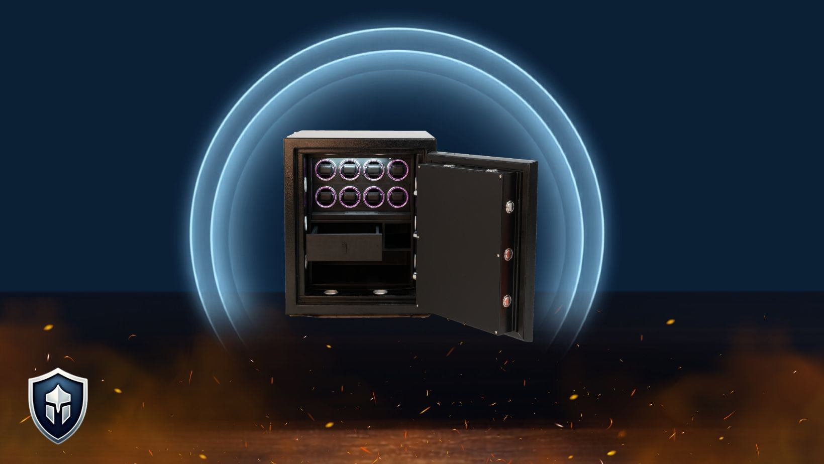 Fire rated watch winder safe with door open showing eight winder modules and storage compartment