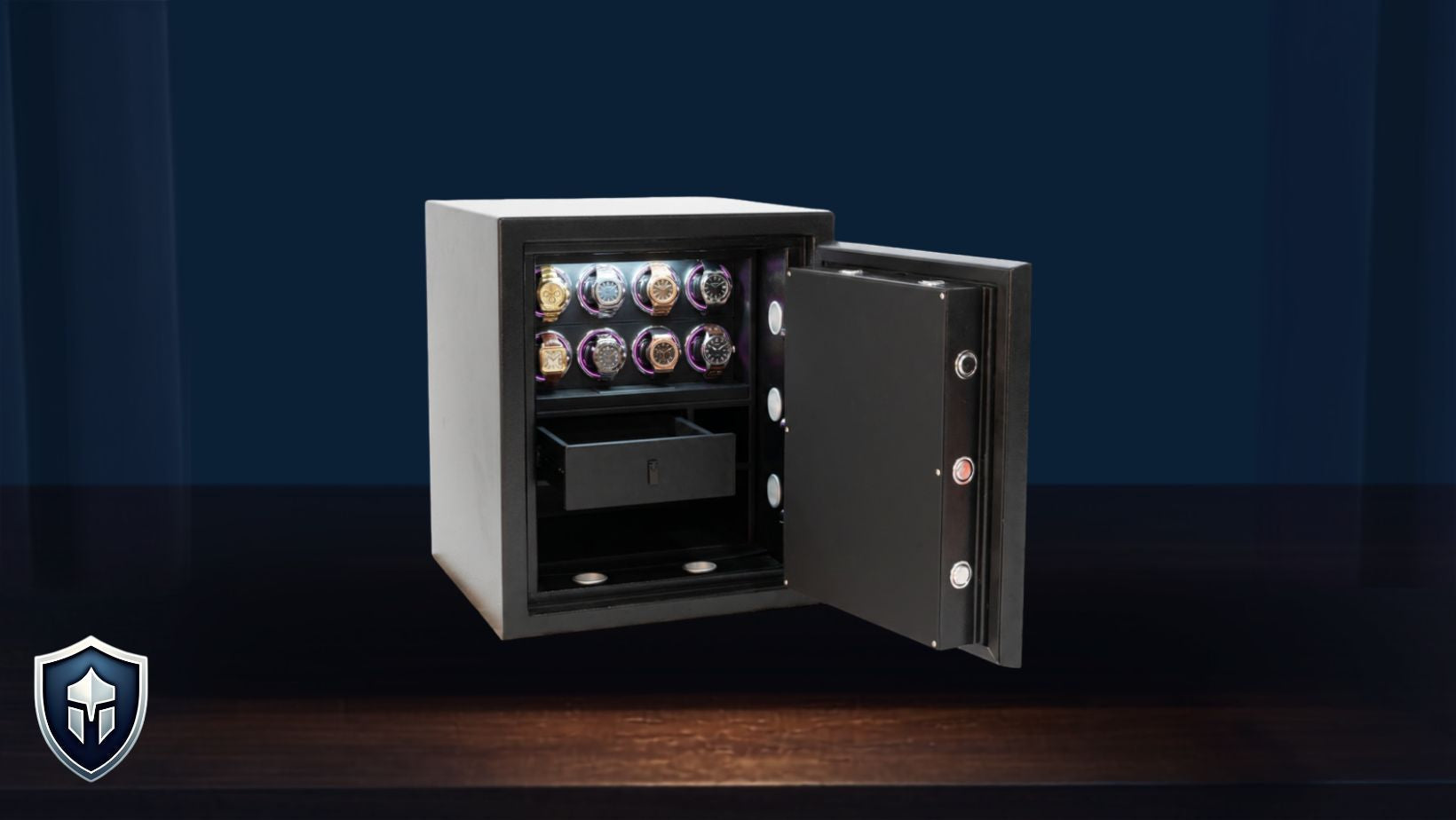 Open watch winder safe displaying eight luxury watches across two illuminated winding modules, with a secure door and storage drawer, for proper watch collection storage
