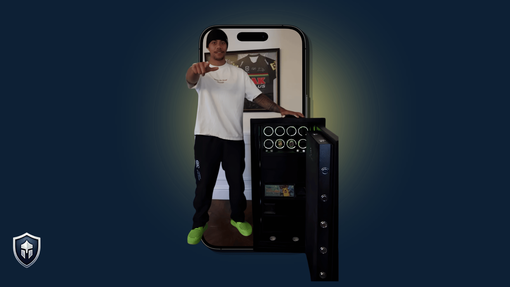 Jarome Luai with the Timeless-3 watch winder safe coming out of a phone screen pointing at the reader
