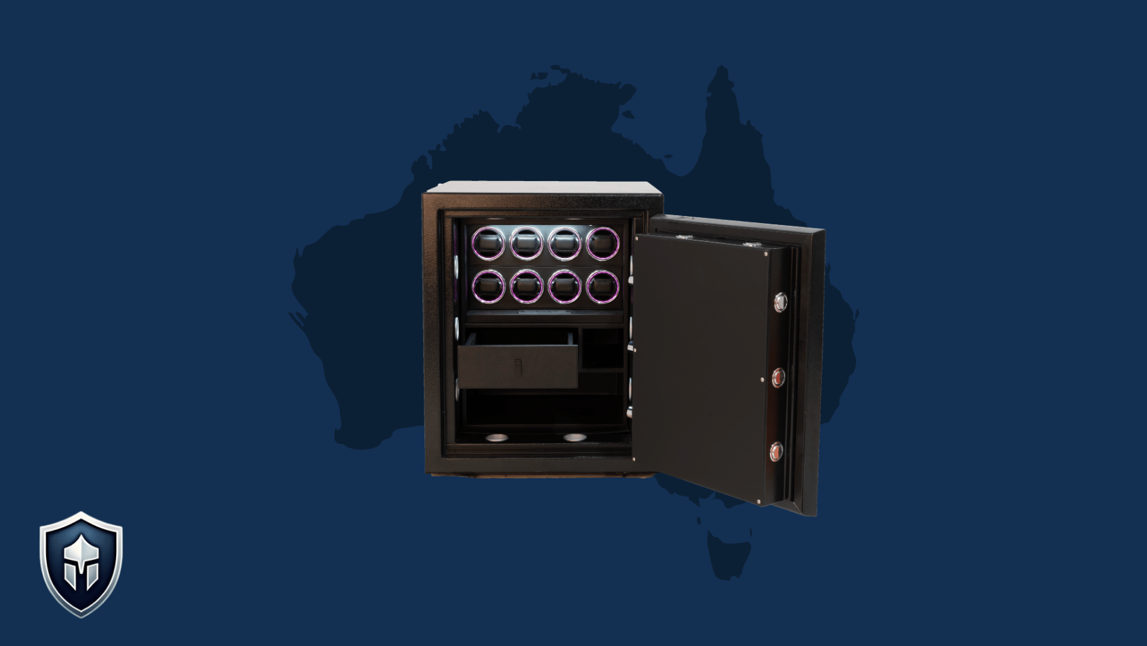 Sentinel Safes watch winder safe open to show 8 watch winders with built-in drawer storage, set against an outline of Australia.