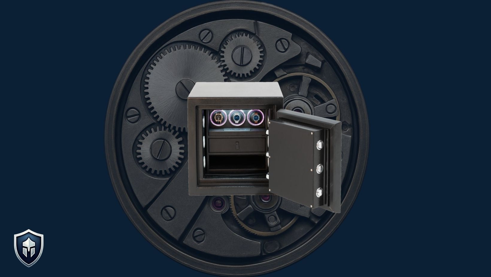 Timeless watch winder safe open with three automatic watches secured in illuminated winding modules, set against a mechanical watch movement background